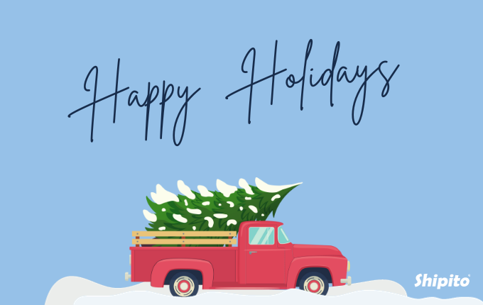 Modrý obrázek Veselé svátky s červeným náklaďákem