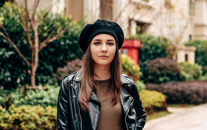 Woman wearing a leather jacket