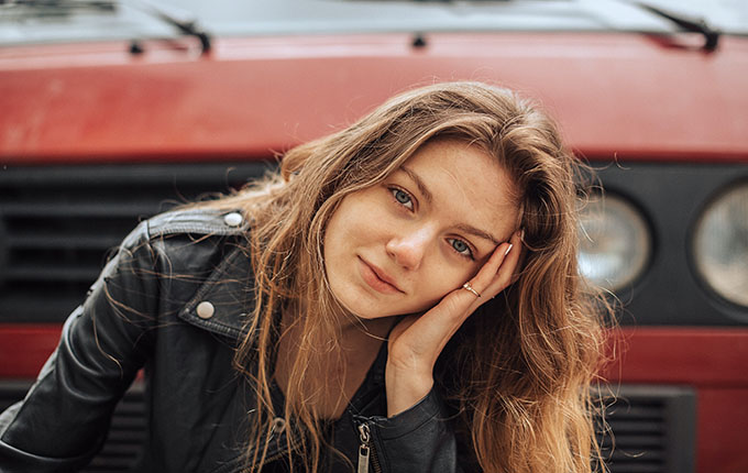 Woman wearing leather jacket