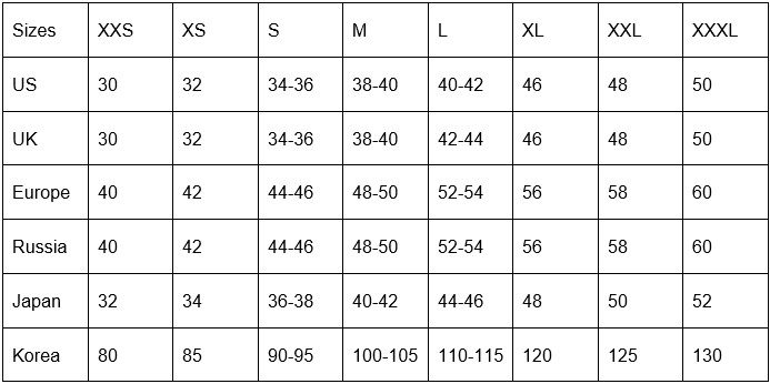 Mens International Size Conversion Chart